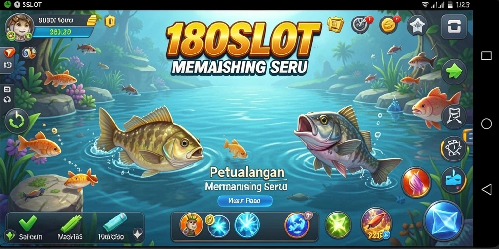 Tampilan screenshot utama 180SLOT menampilkan aksi memancing yang intens dan pemandangan laut yang indah.