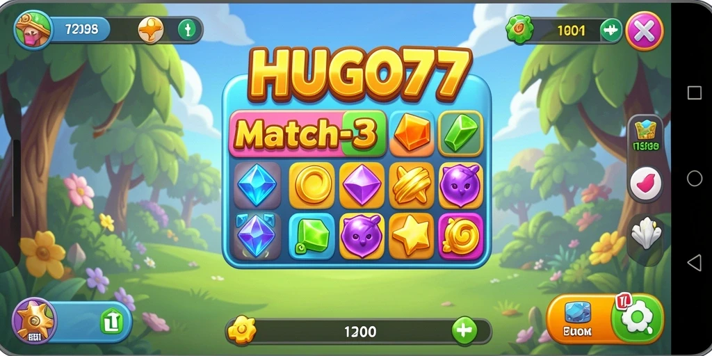 Tangkapan layar HUGO77 menampilkan gameplay seru dan penuh warna dari puzzle Match-3.