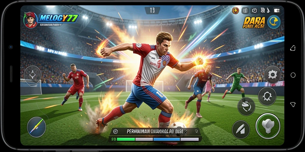 Tampilan gameplay seru <strong>MELODY77</strong> menampilkan aksi olahraga yang mendebarkan.