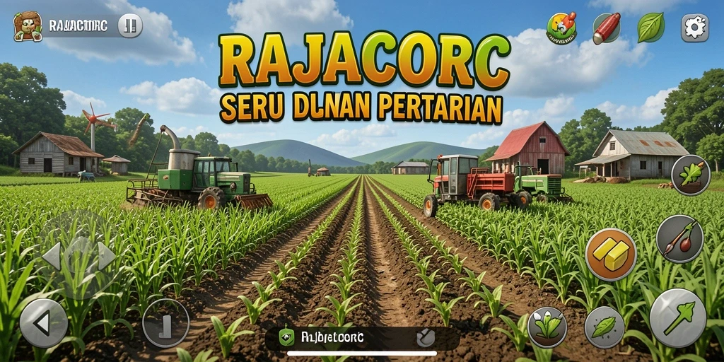 Tangkapan layar utama RAJACORC menampilkan aktivitas bertani yang mendebarkan.