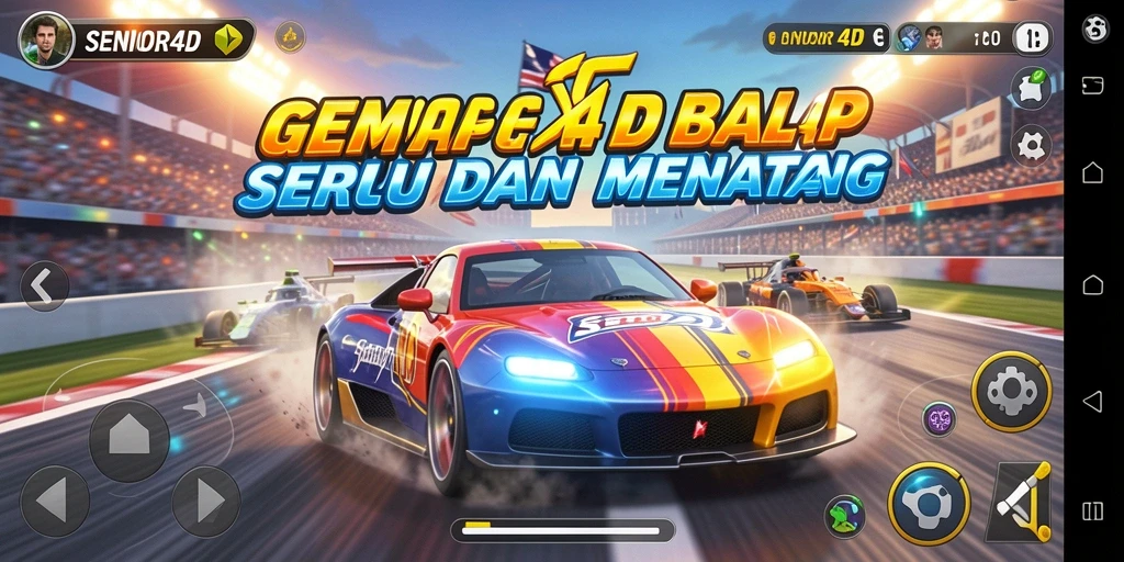 Tangkapan layar gameplay SENIOR4D yang menunjukkan aksi balapan yang menegangkan.
