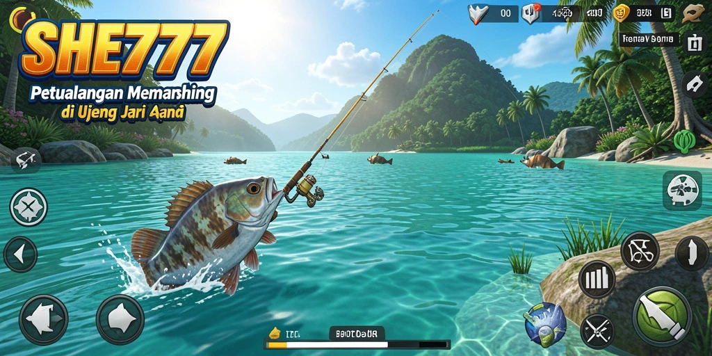 Tampilan gameplay yang menarik dalam SHE777 dengan berbagai lokasi memancing.