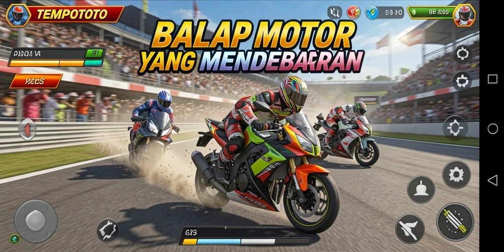 Screenshot gameplay TEMPOTOTO dengan aksi balapan motor yang mendebarkan.