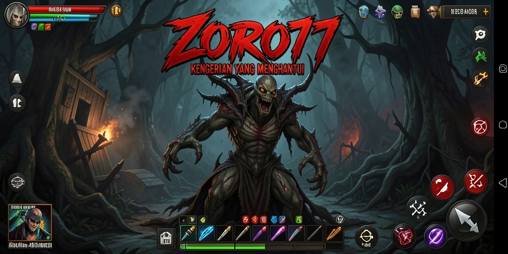 Screenshot utama ZORO77 menampilkan suasana mencekam dalam gameplay.